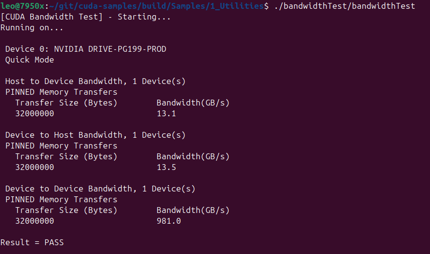 Bandwidth test from host to device, on GPU0, which is one of the two connected in PCIE 3.0 16x