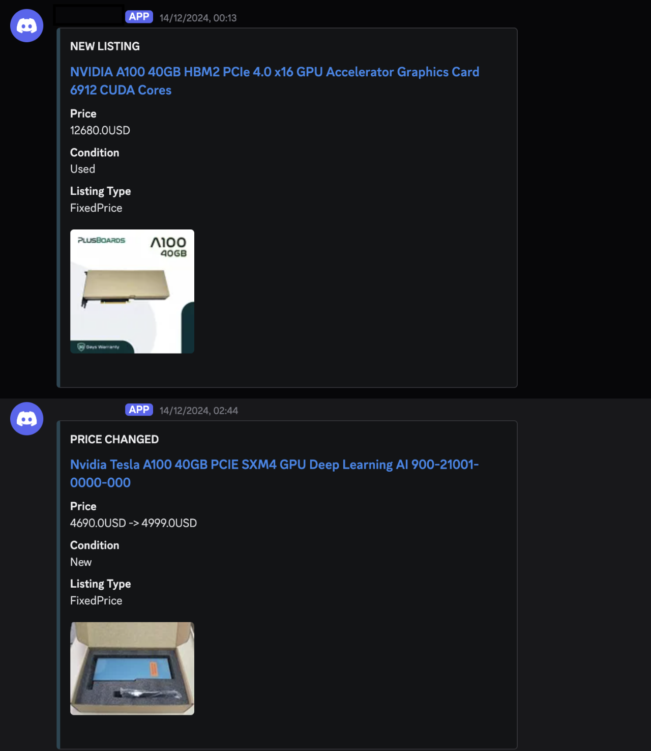 Example of messages sent by the bot. Here a new listing and a price change.