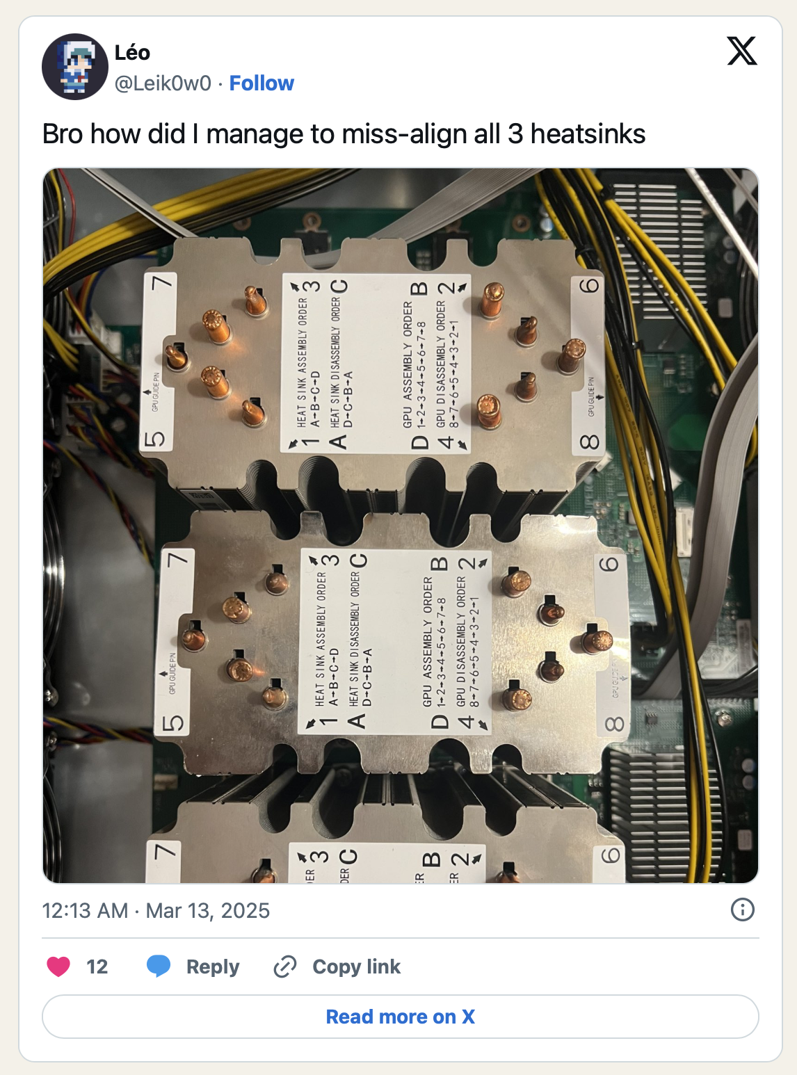 Tweet of the heatsinks being misaligned.